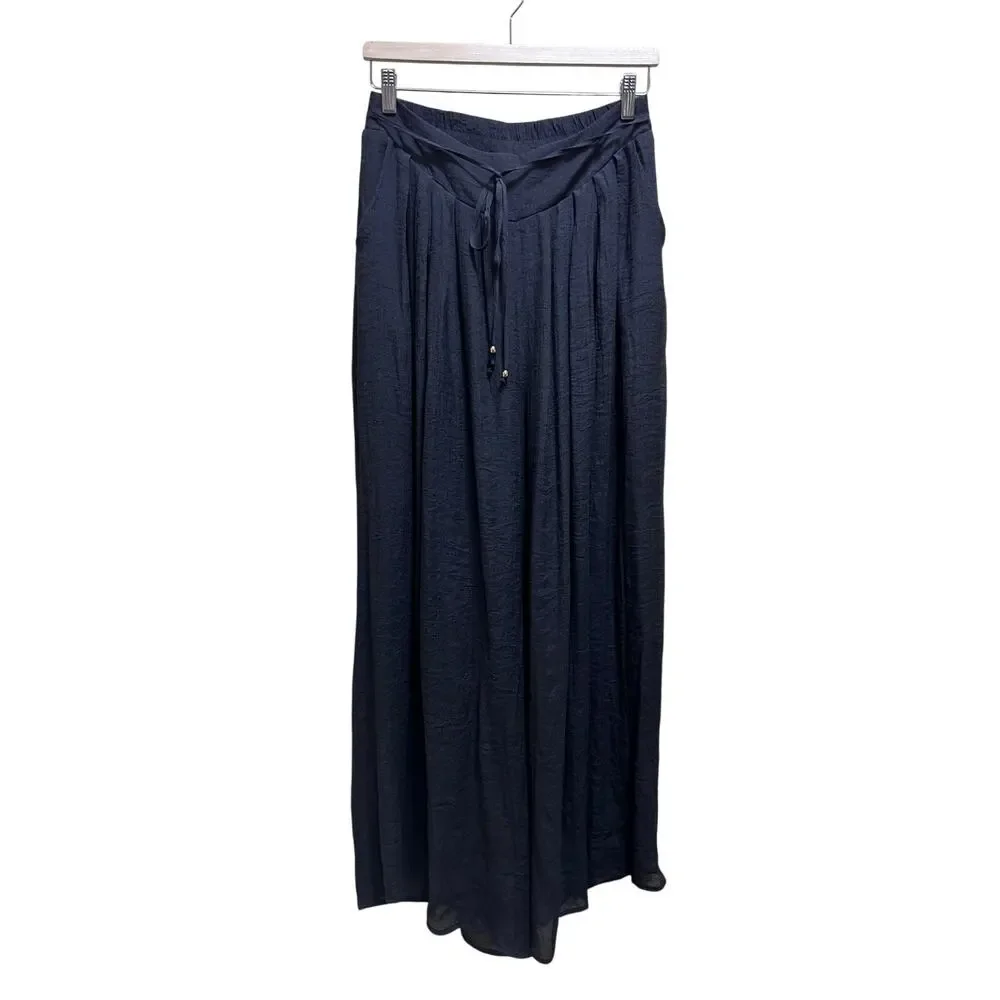 Bluivy Black Flowy Wide Leg Pants L Boho Pleated Elastic Waist Pockets Palazzo - Picture 2 of 9